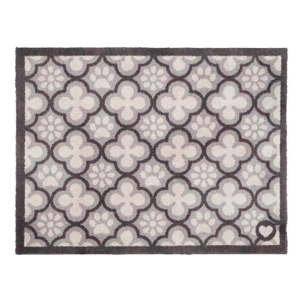 Paw Print Moroccan Tile Grey Washable Doormat- 100% recycled cotton doormat featuring paw prints within a morrocan style tile pattern.