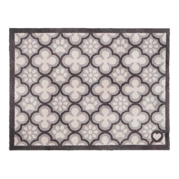 Paw Print Moroccan Tile Grey Washable Doormat- 100% recycled cotton doormat featuring paw prints within a morrocan style tile pattern.