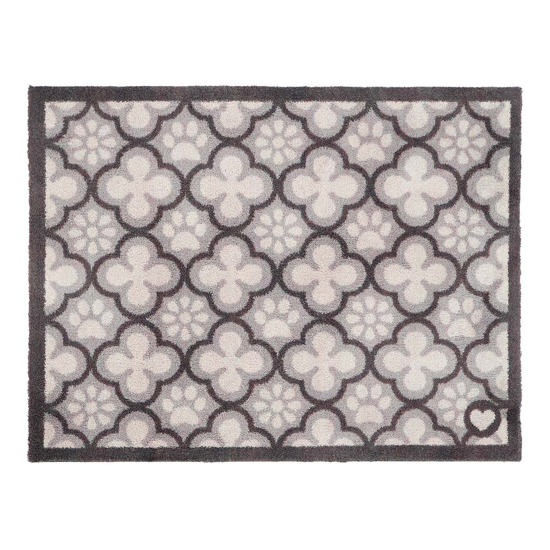 Paw Print Moroccan Tile Grey Washable Doormat- 100% recycled cotton doormat featuring paw prints within a morrocan style tile pattern.