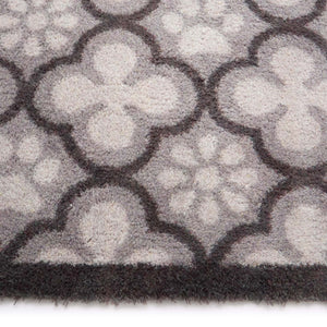Paw Print Moroccan Tile Grey Washable Doormat- 100% recycled cotton doormat featuring paw prints within a morrocan style tile pattern.