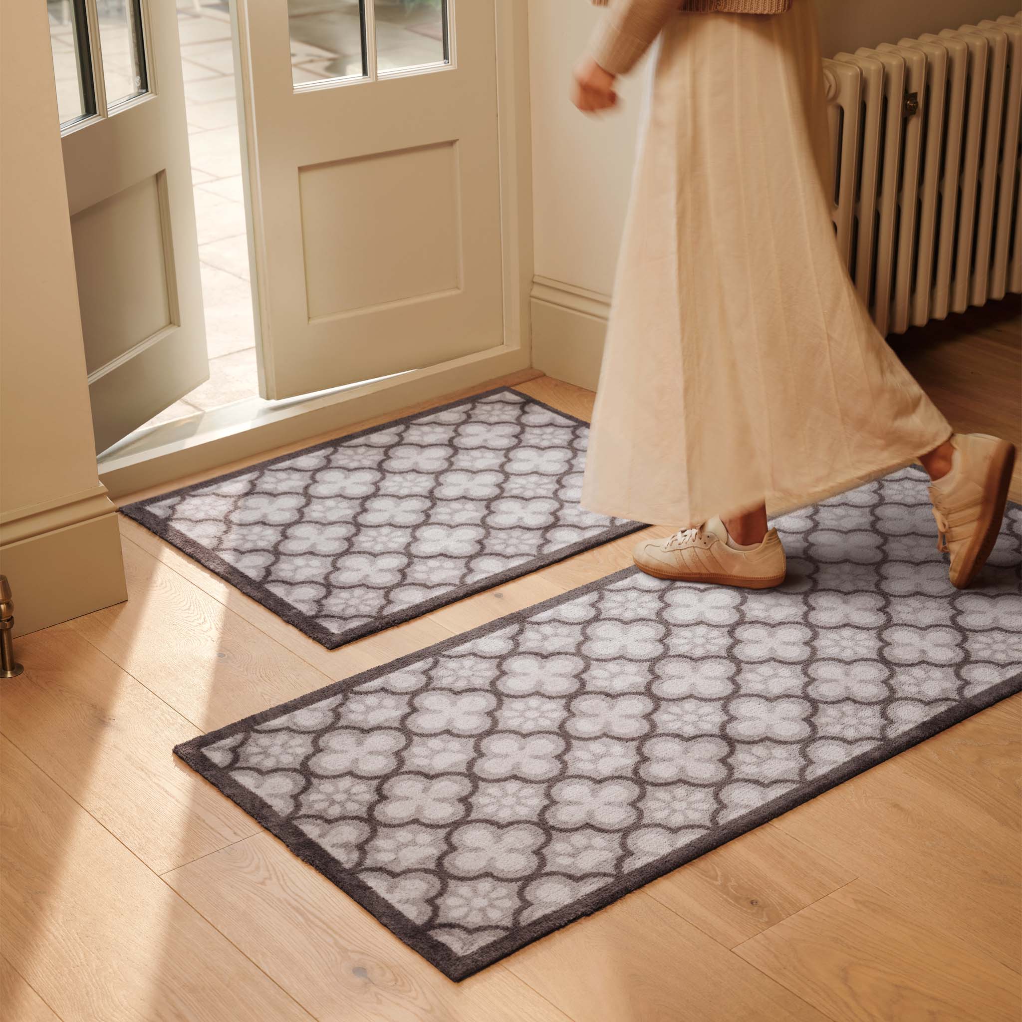 Paw Print Moroccan Tile Grey Washable Doormat- 100% recycled cotton doormat featuring paw prints within a morrocan style tile pattern.