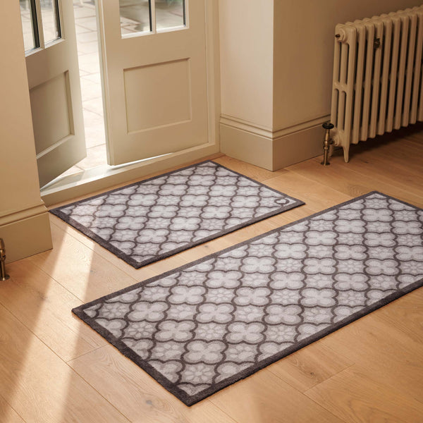 Paw Print Moroccan Tile Grey Washable Runner- 100% recycled cotton runner featuring paw prints within morrocan style tiles.