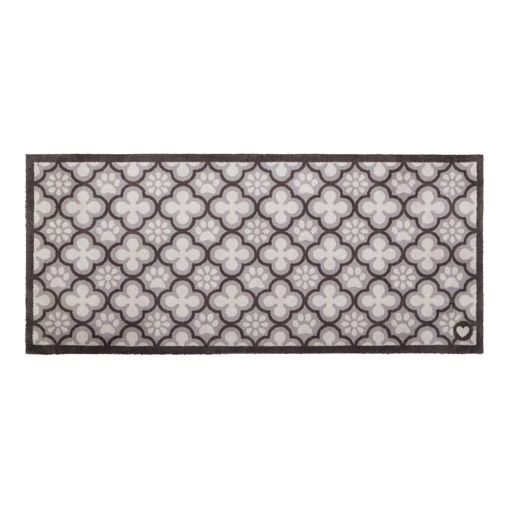Paw Print Moroccan Tile Grey Washable Runner- 100% recycled cotton runner featuring paw prints within morrocan style tiles.