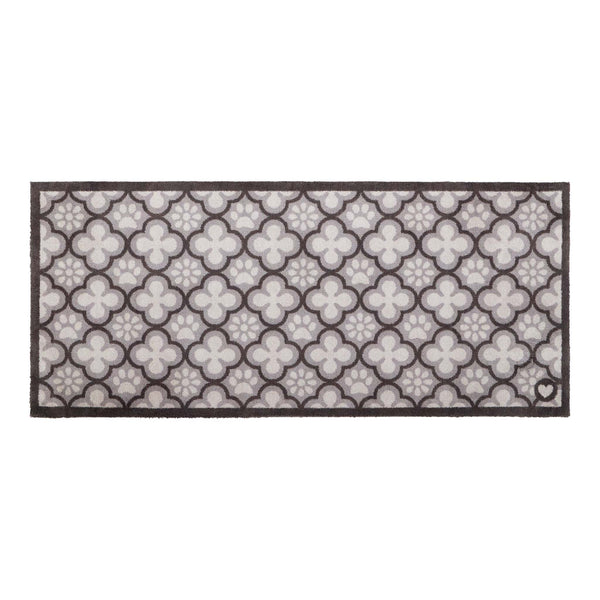 Paw Print Moroccan Tile Grey Washable Runner- 100% recycled cotton runner featuring paw prints within morrocan style tiles.