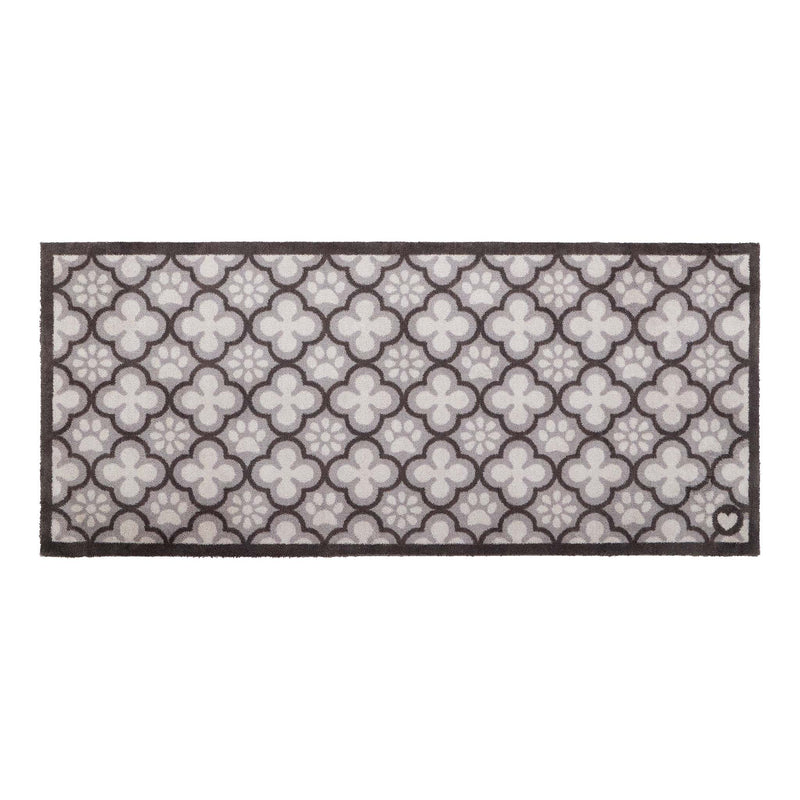 Paw Print Moroccan Tile Grey Washable Runner- 100% recycled cotton runner featuring paw prints within morrocan style tiles.