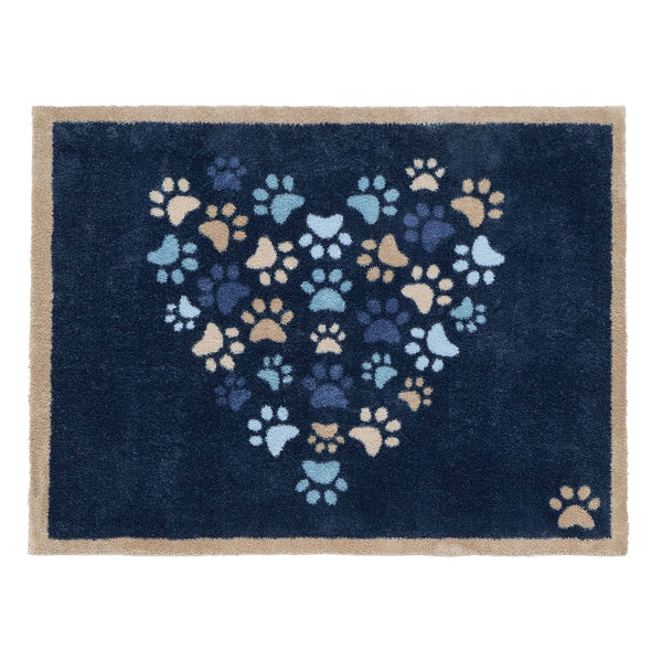 Paws For Love Blue Doormat- 100% recycled cotton doormat featuring multi-directional paws prints in the shape of a heart.