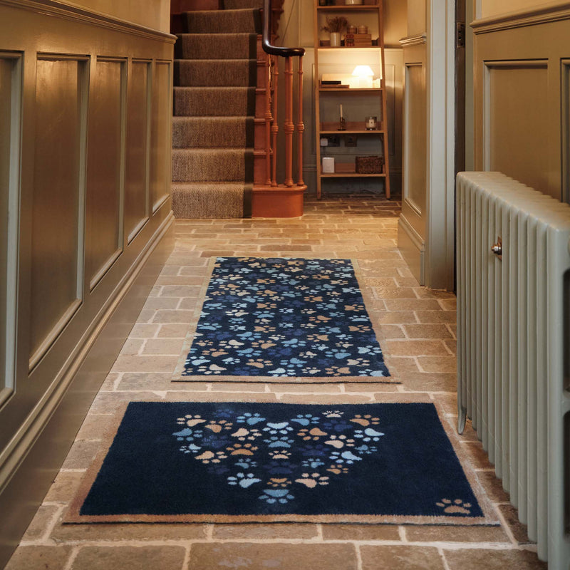 Paws For Love Blue Washable Runner- 100% recycled cotton runner featuirng multi directional paw prints. 
