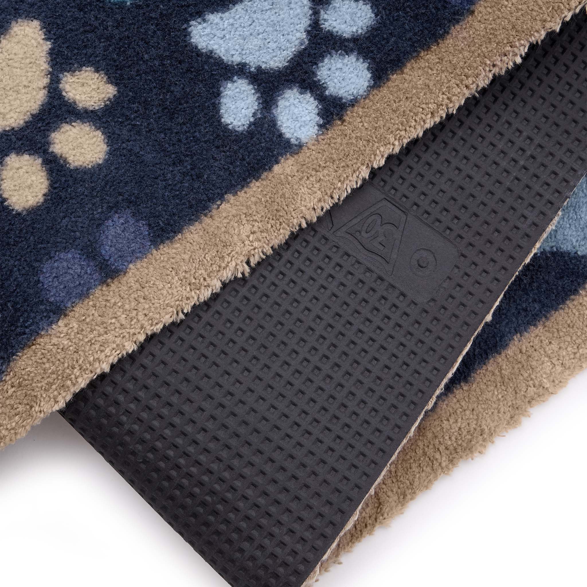 Paws For Love Blue Washable Runner with a multi-directional paw print pattern.