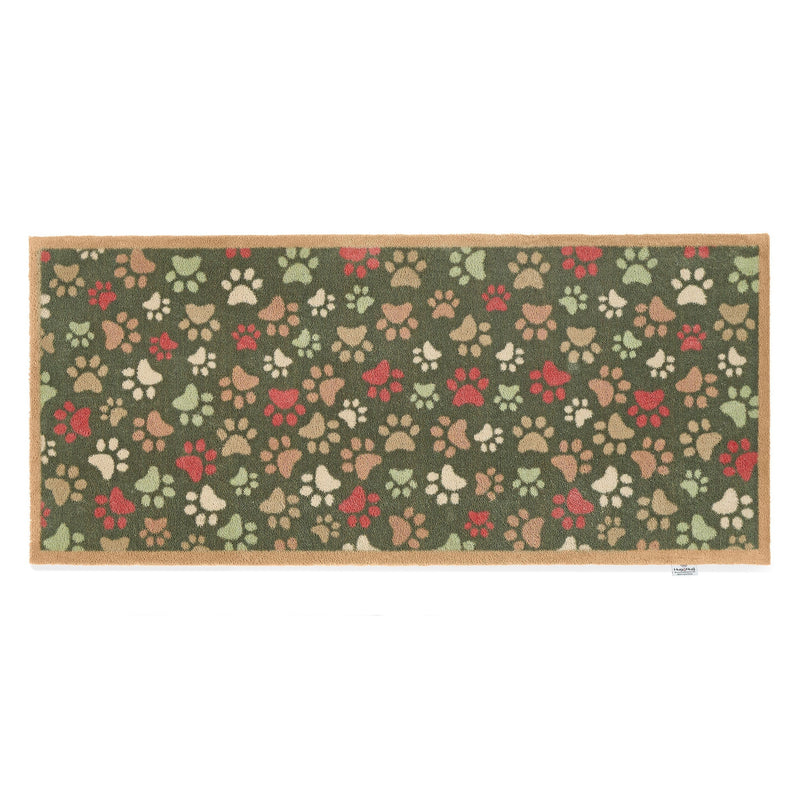  Paws for Love Washable Runner in Green- a 100% recycled cotton runner featuring multi-coloured paw prints in a multi-directional pattern.