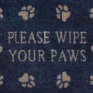 Close up image of the please wipe your paws text and pattern on a navy Pet 10 washable doormat from Hug Rug