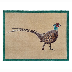 A rectangular doormat with a dark green border and a central illustration of a pheasant bird on a beige background.