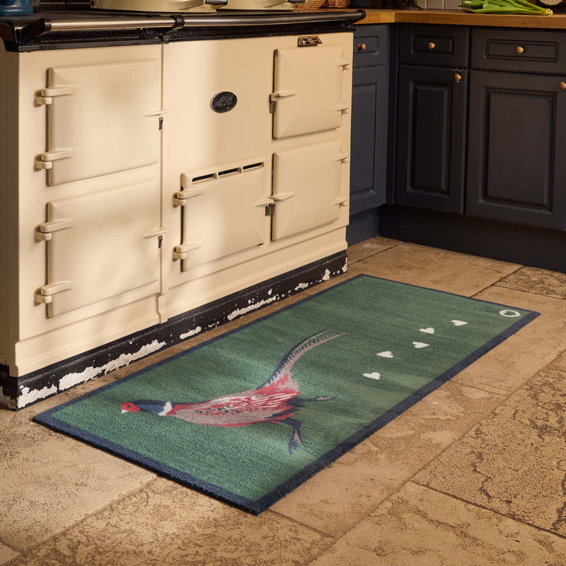 Pheasant Green 2 Washable Runner with a animal-inspired design, styled in a  kitchen.