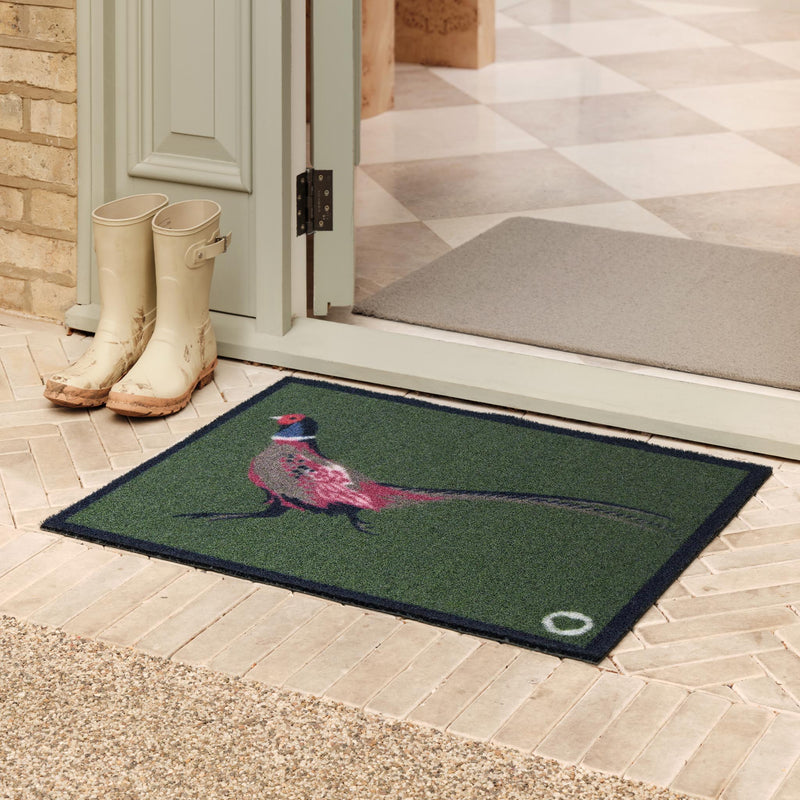 Pheasant Green 2 Recycled Outdoor Doormat with a red and brown pheasant, styled in a doorway.