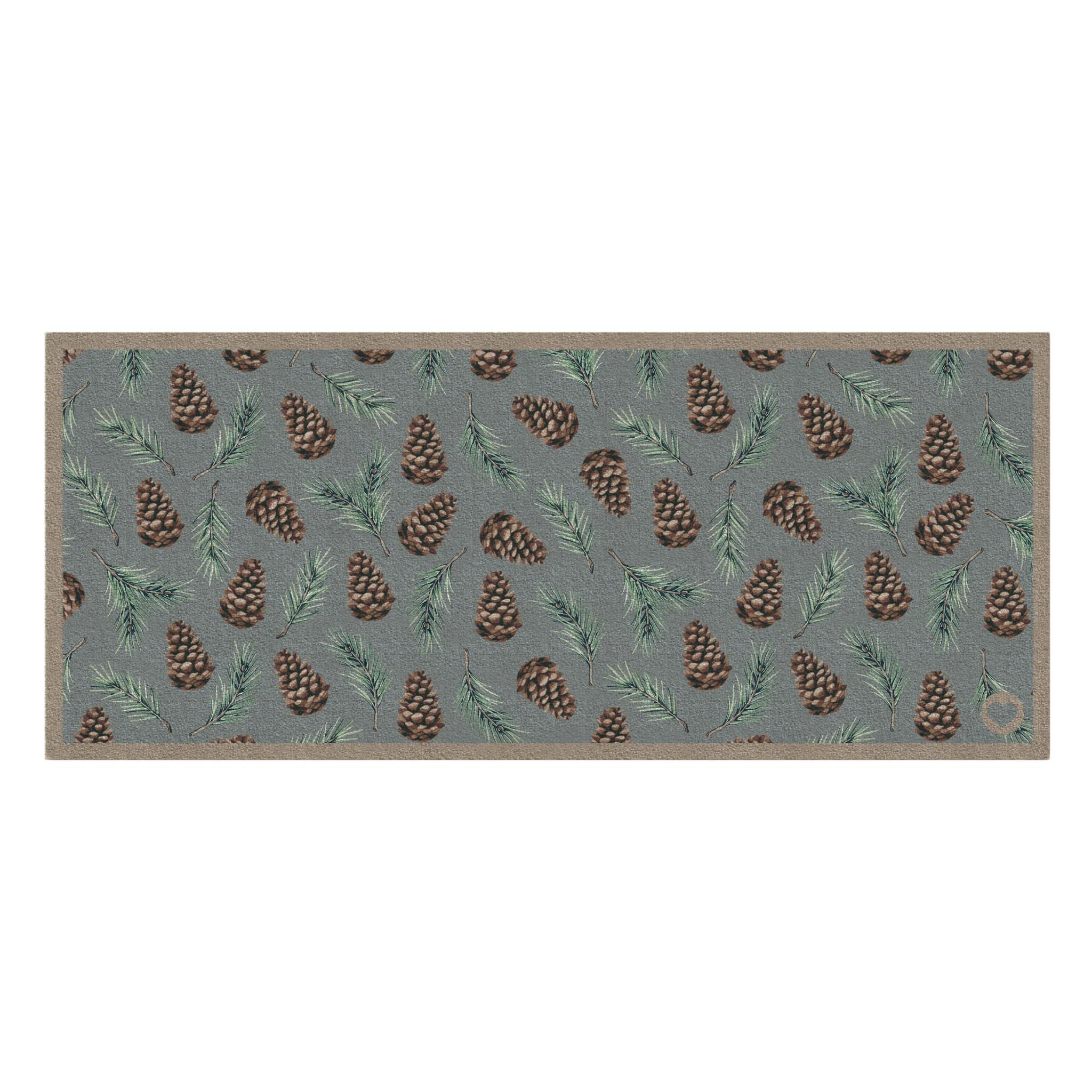 Pinecones Washable Doormat- a cotton doormat featuring scattered brown pinecones and green fern leaves.