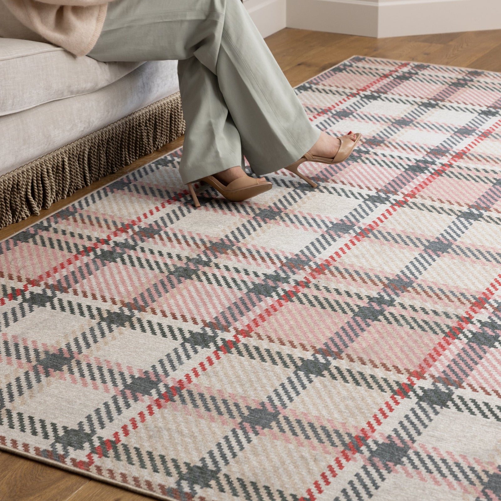 Isla Plaid Pink Eco Washable Rug made from 100% recycled materials, featuring a Pink plaid design.