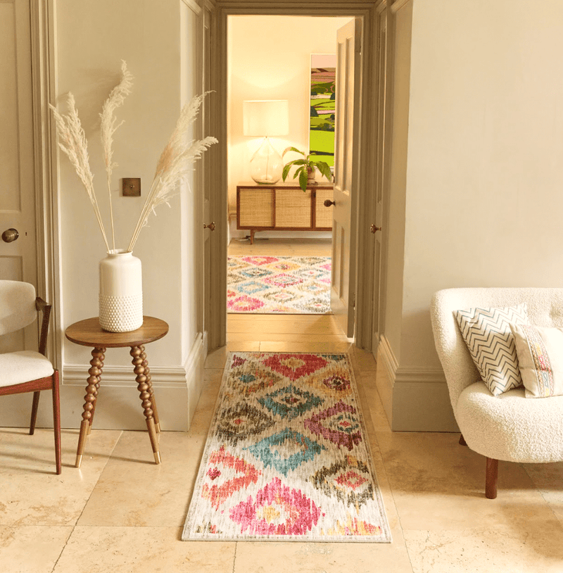 Painted Ikat Eco-Washable Rug Runner- 100% recycled content runner featuring a colourful geometric design.