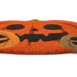 Discover the Pumpkin Halloween Coir Doormat in Orange- a coir doormat with a graphic pumpkin design. 