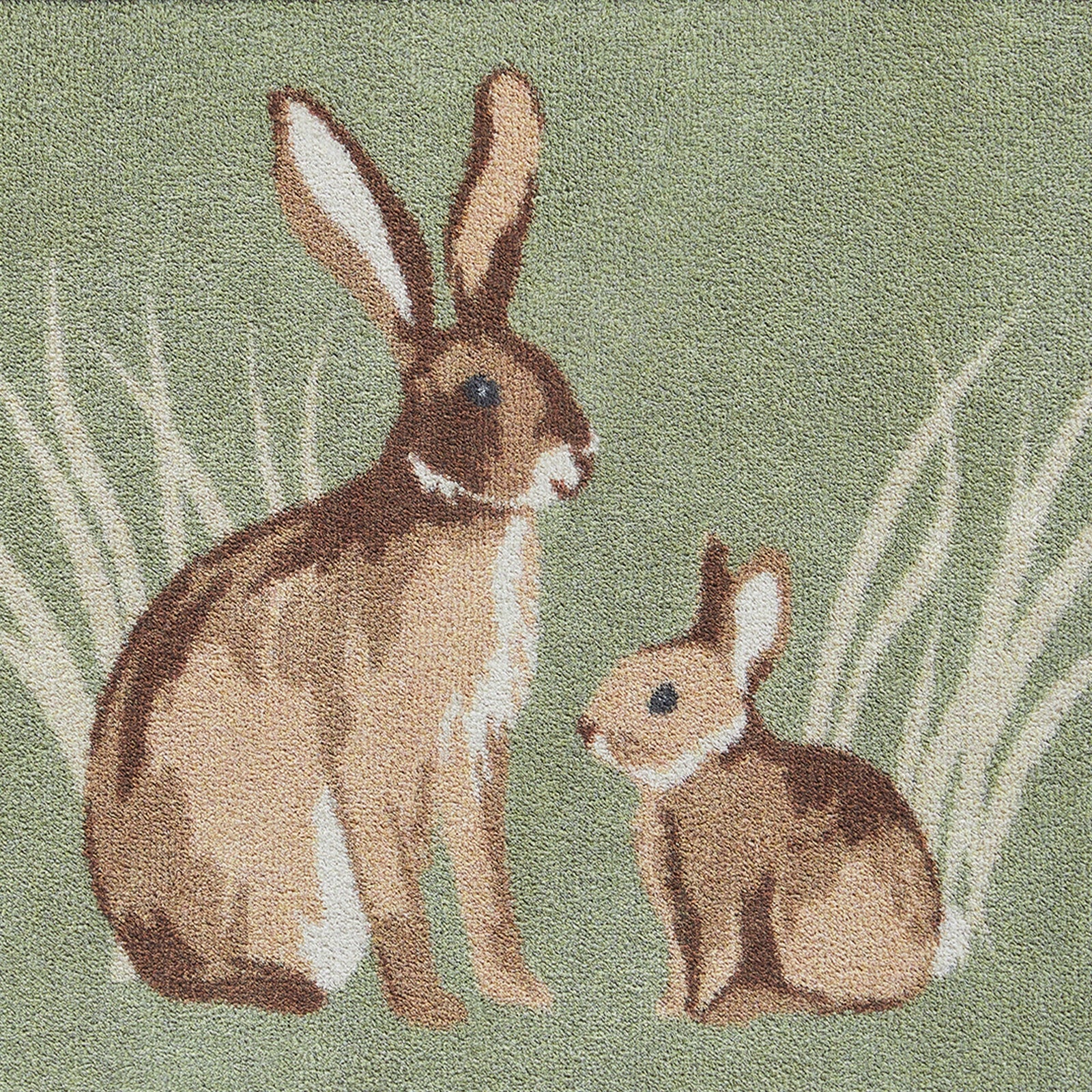 Rabbit 1 Green Washable Doormat made from 100% recycled materials, featuring two rabbits sitting in the green reeds.