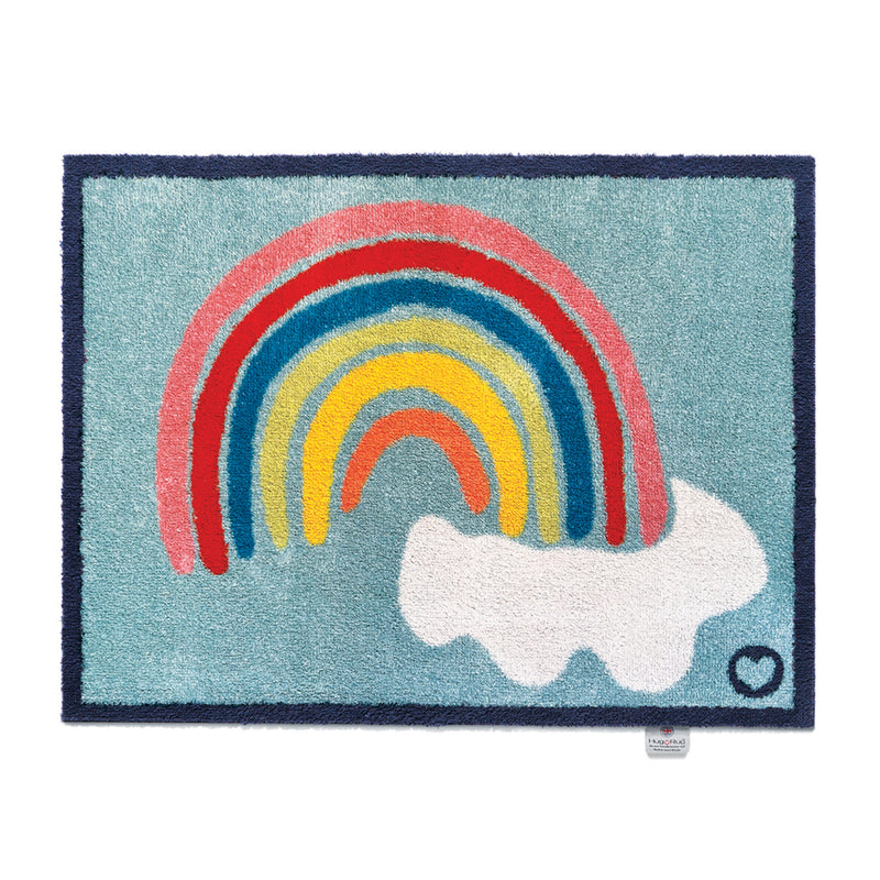 Rainbow 2 Charity Doormat- a 100% cotton doormat in sky blue featuring a rainbow and clouds design. 