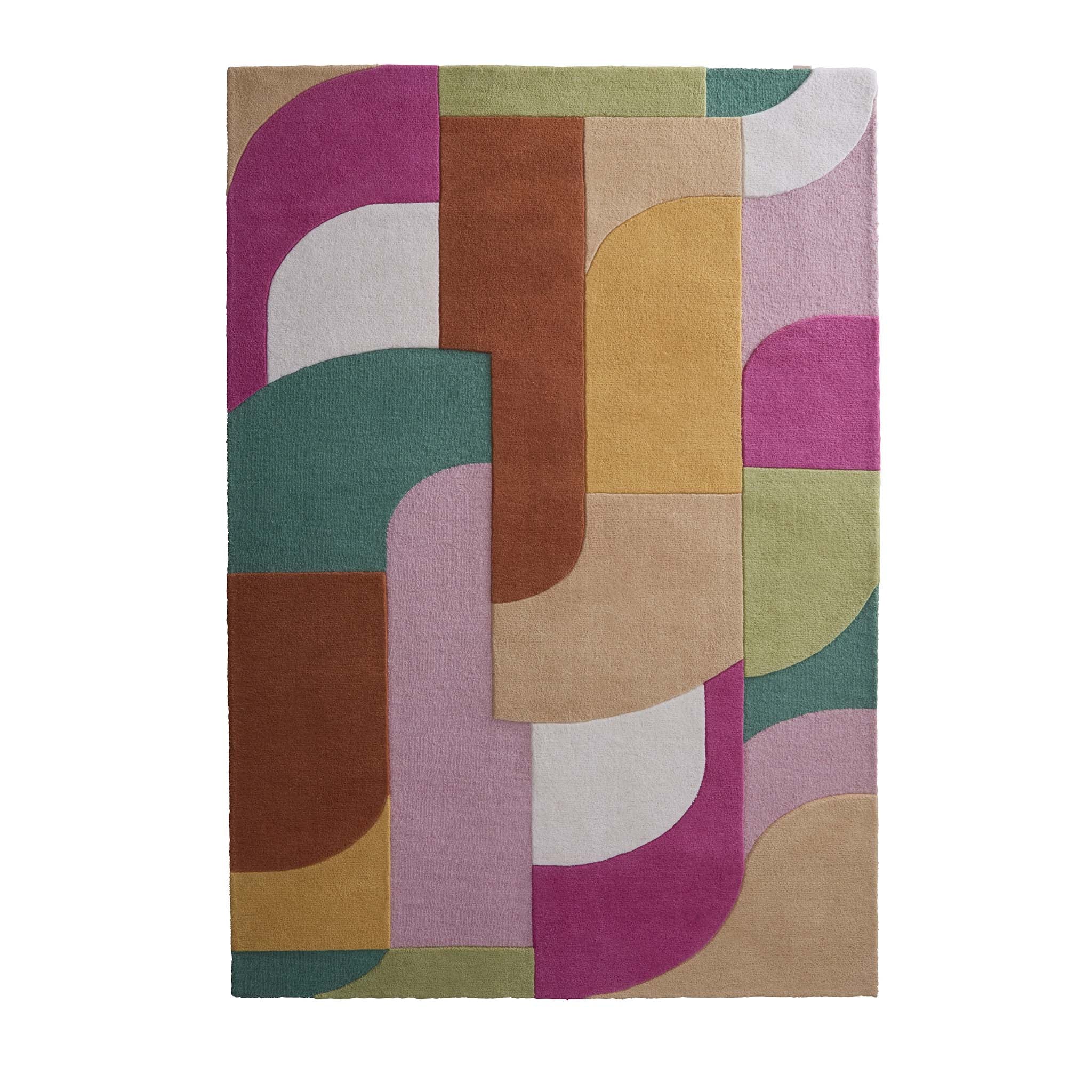 Retro Deco Pink Wool Rug with a carved geometric design.