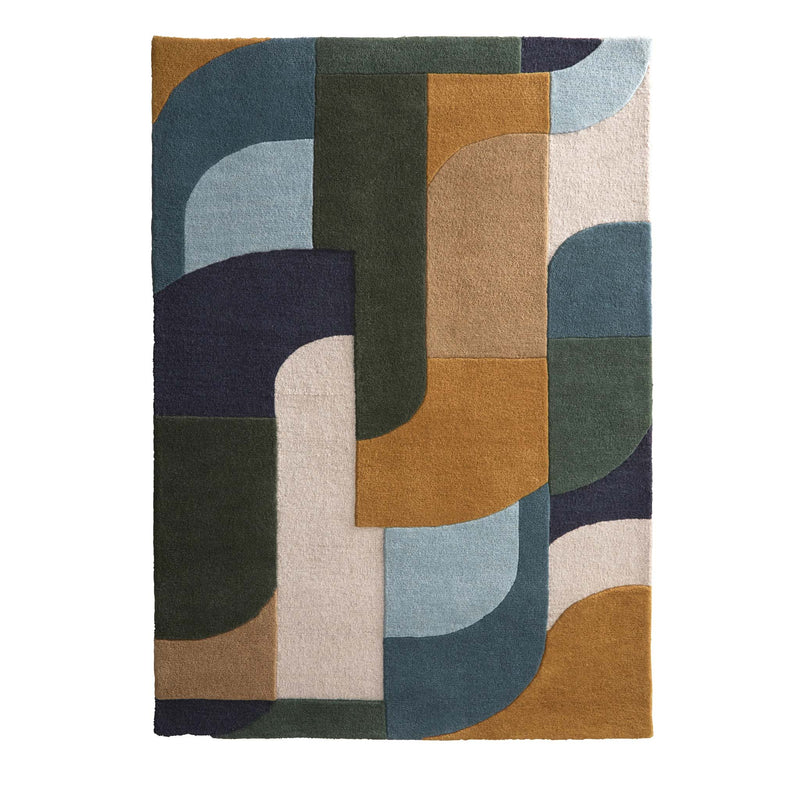 Retro Deco Teal Wool Rug with a carved geometric design. 