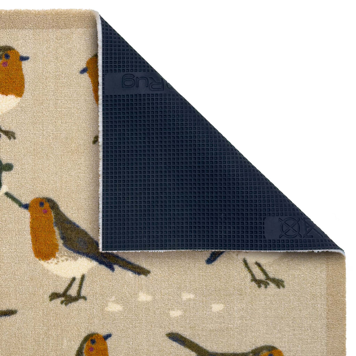 Close-up of a patterned doormat showing the top side with a beige background and robin bird print, plus the folded underside revealing a black 