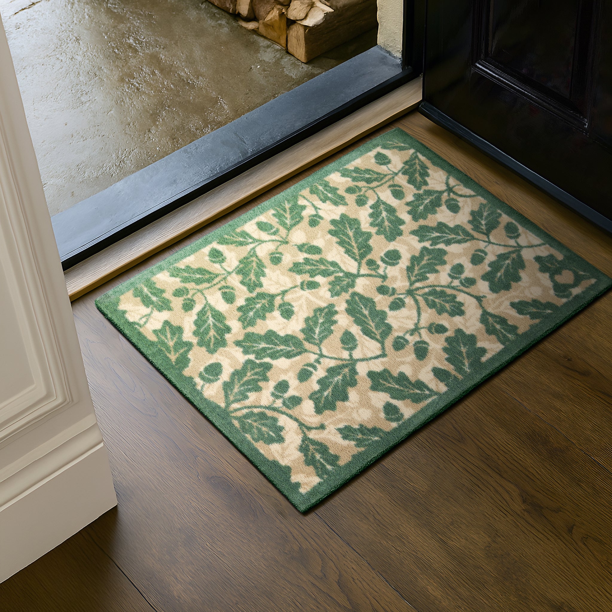 Royal Oak Washable Doormat made from 100% cotton, featuring green oak leaves.