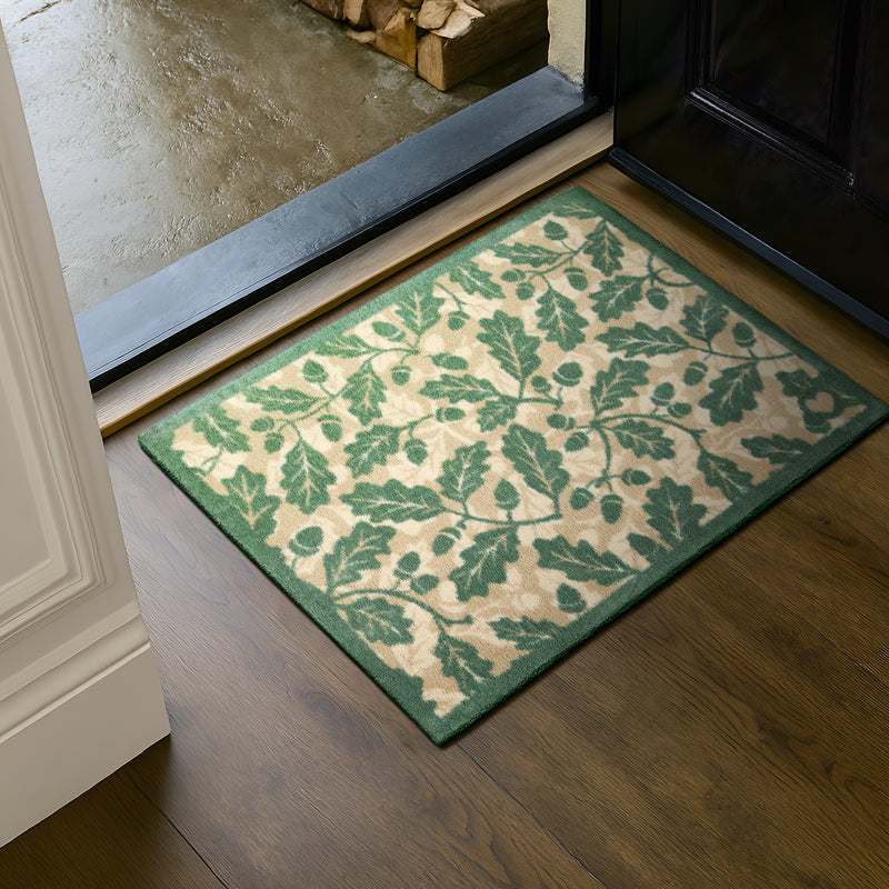 Royal Oak Washable Doormat made from 100% cotton, featuring green oak leaves.