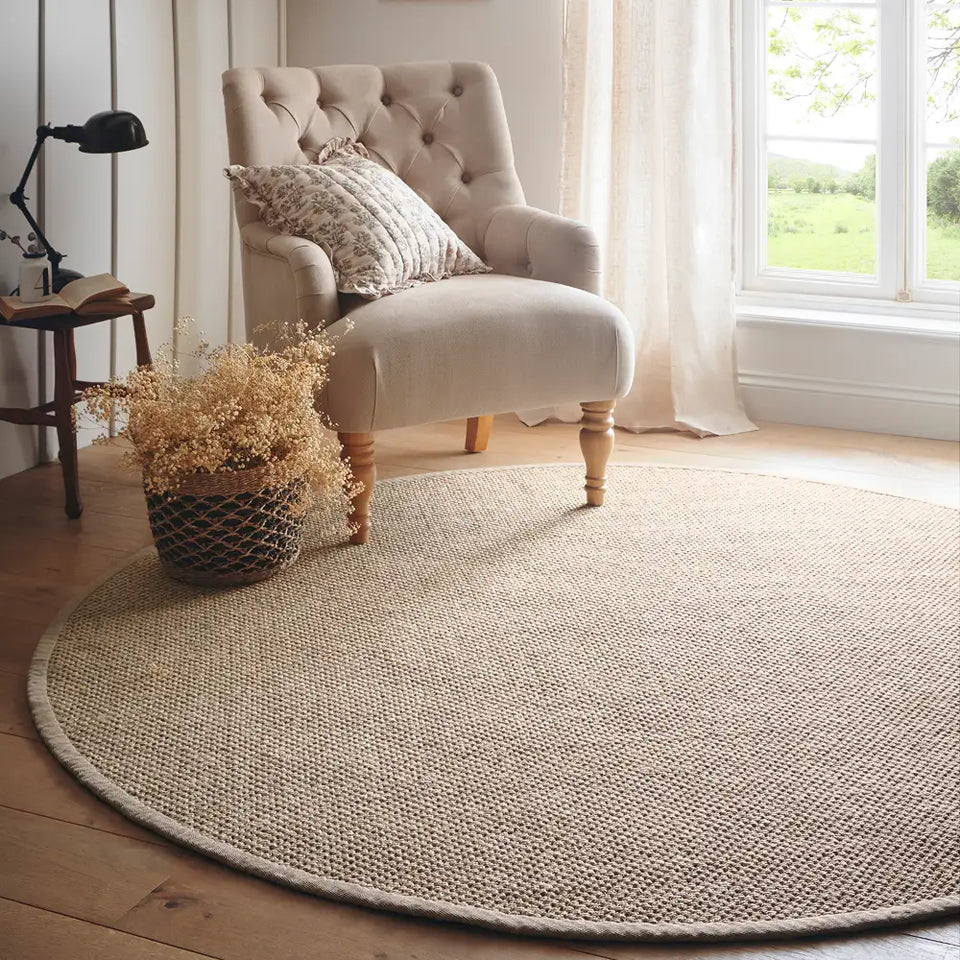 Sisal Light Beige with Sand Border Rug with a two-toned border design, styled in a living room.