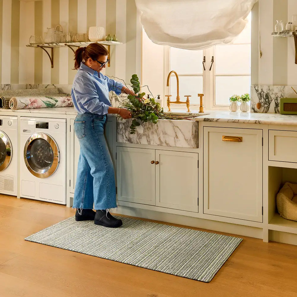Candy Green Stripe Washable Runner with a striped design, styled in a kitchen.