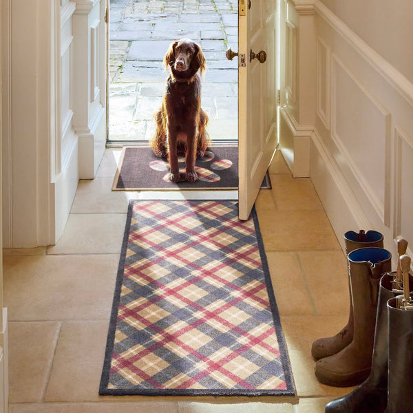 Tartan Paw Navy Washable Runner- 100% recycled cotton runner featuring a tartan design in shades red, blue, and beige. 