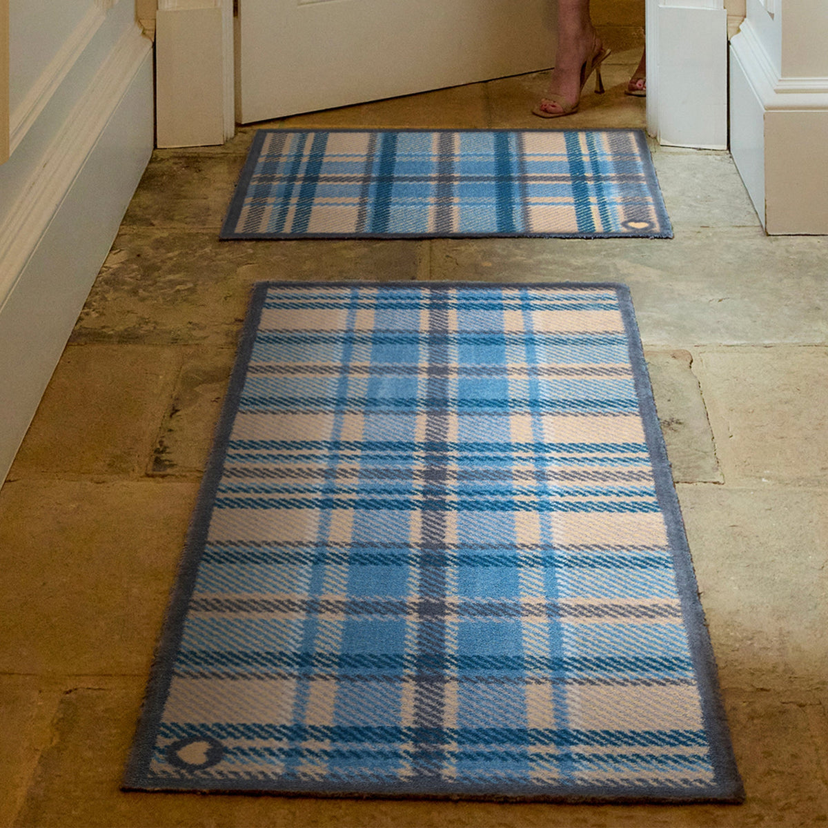 Tartan Blue Washable Runner- 100% recycled cotton runner in a traditional tartan design in shades of blue and beige.