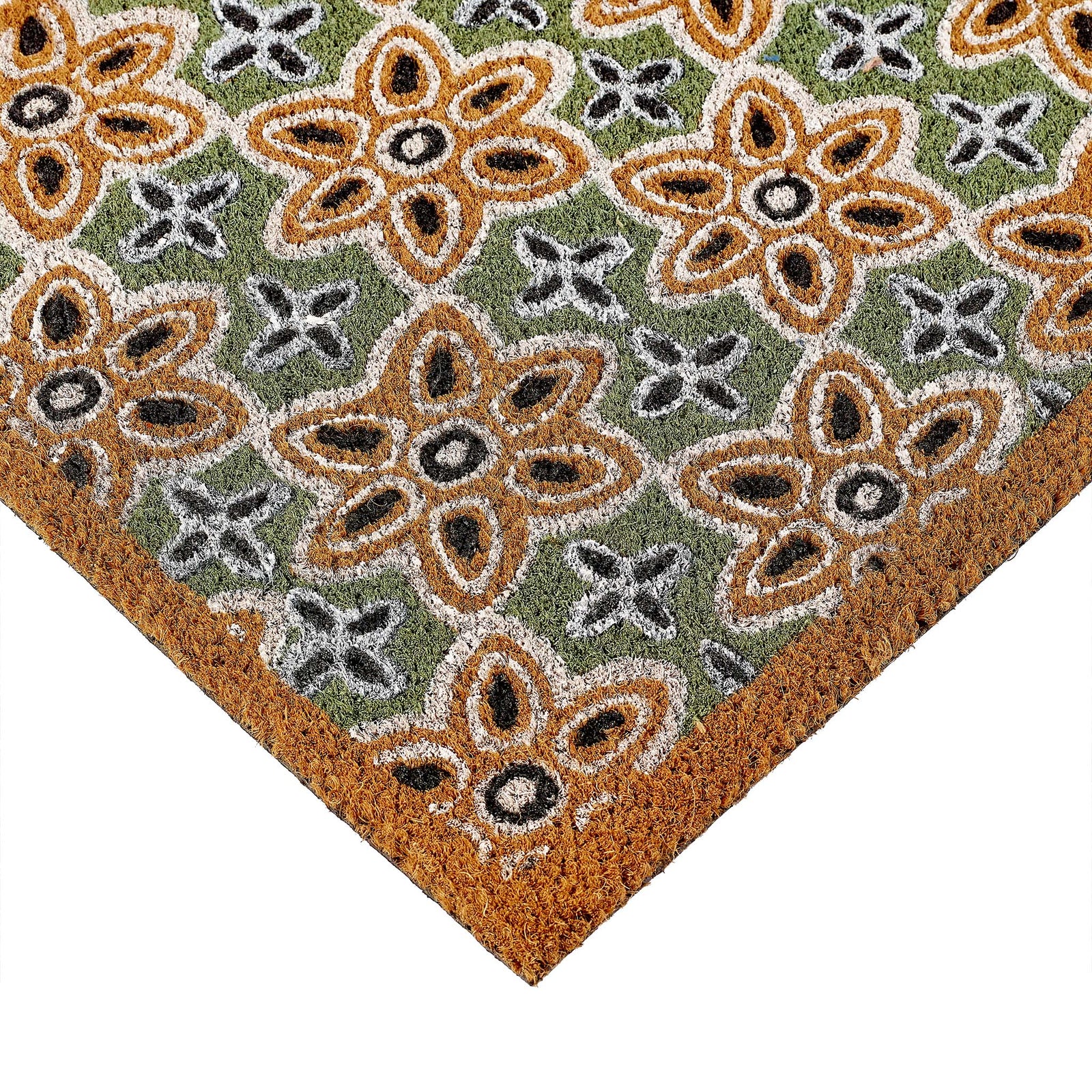 Sage Green Woodblock Coir Doormat made from natural coconut fibres, featuring a colourful woodblock pattern.