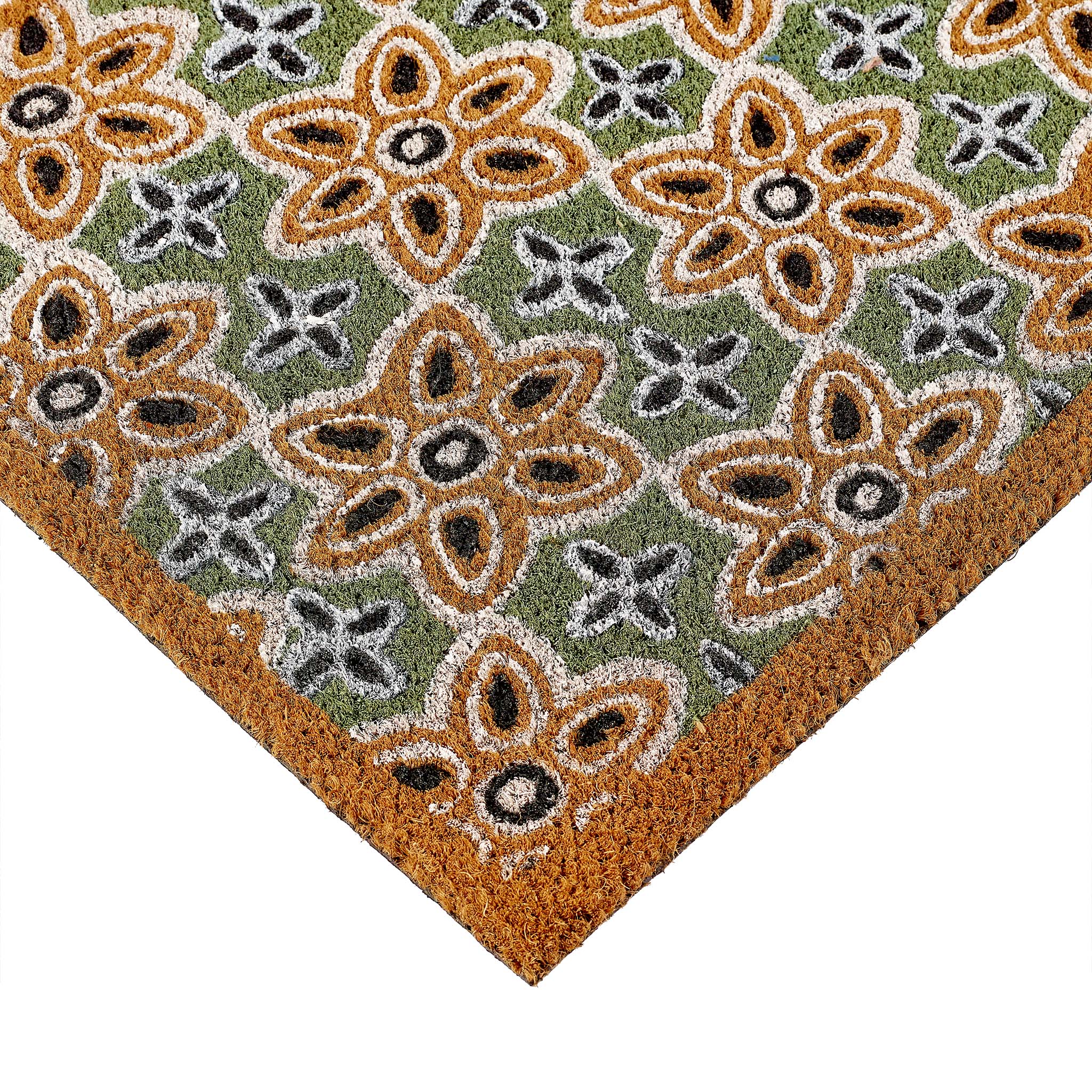 Sage Green Woodblock Coir Doormat made from natural coconut fibres, featuring a colourful woodblock pattern.