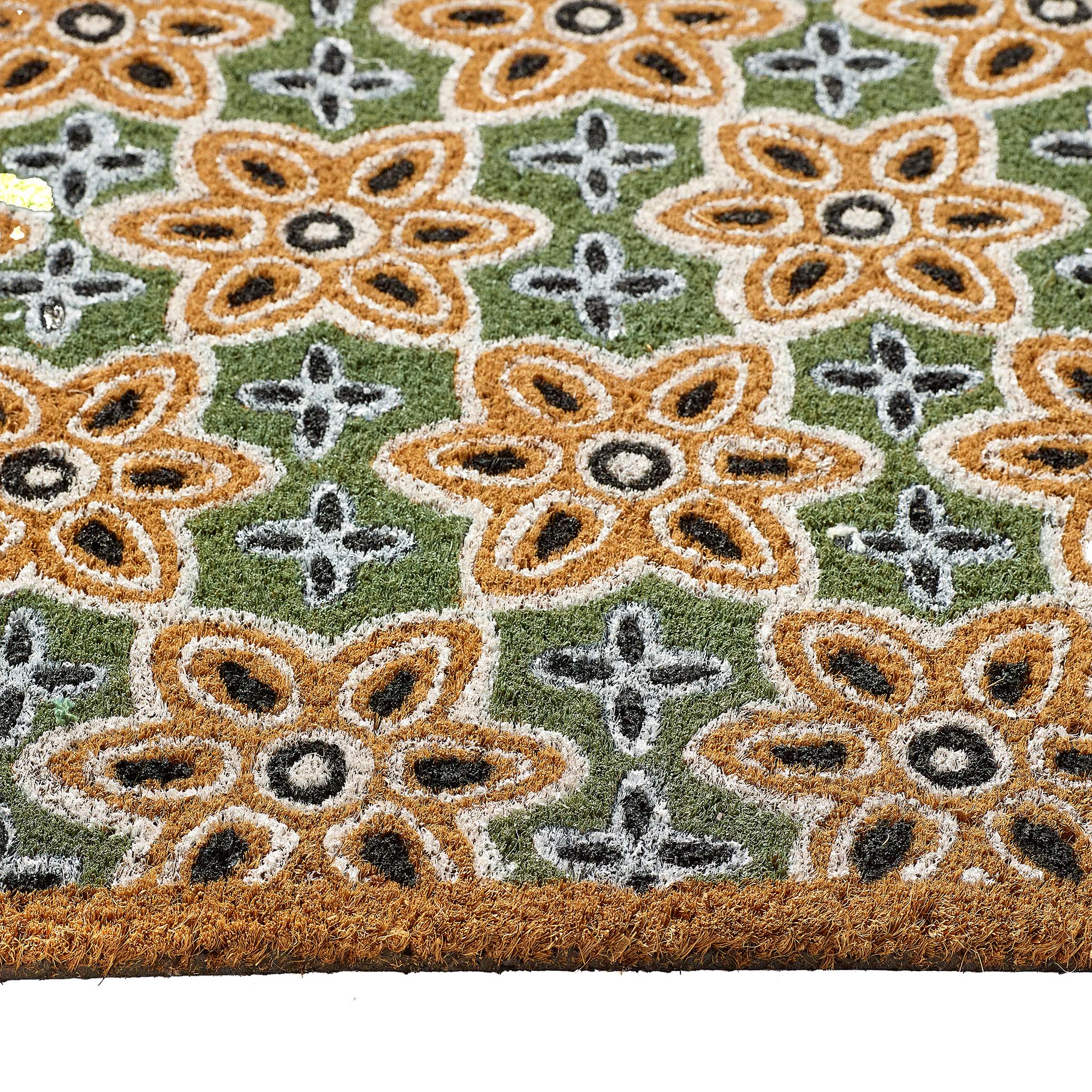 Sage Green Woodblock Coir Doormat made from natural coconut fibres, featuring a colourful woodblock pattern.