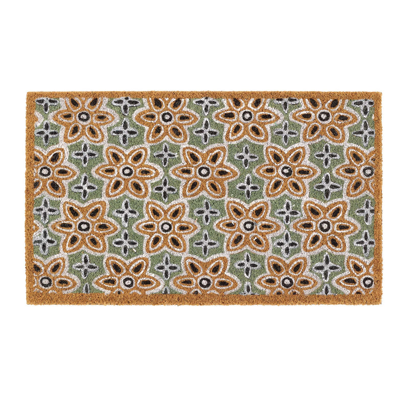 Sage Green Woodblock Coir Doormat made from natural coconut fibres, featuring a colourful woodblock pattern.