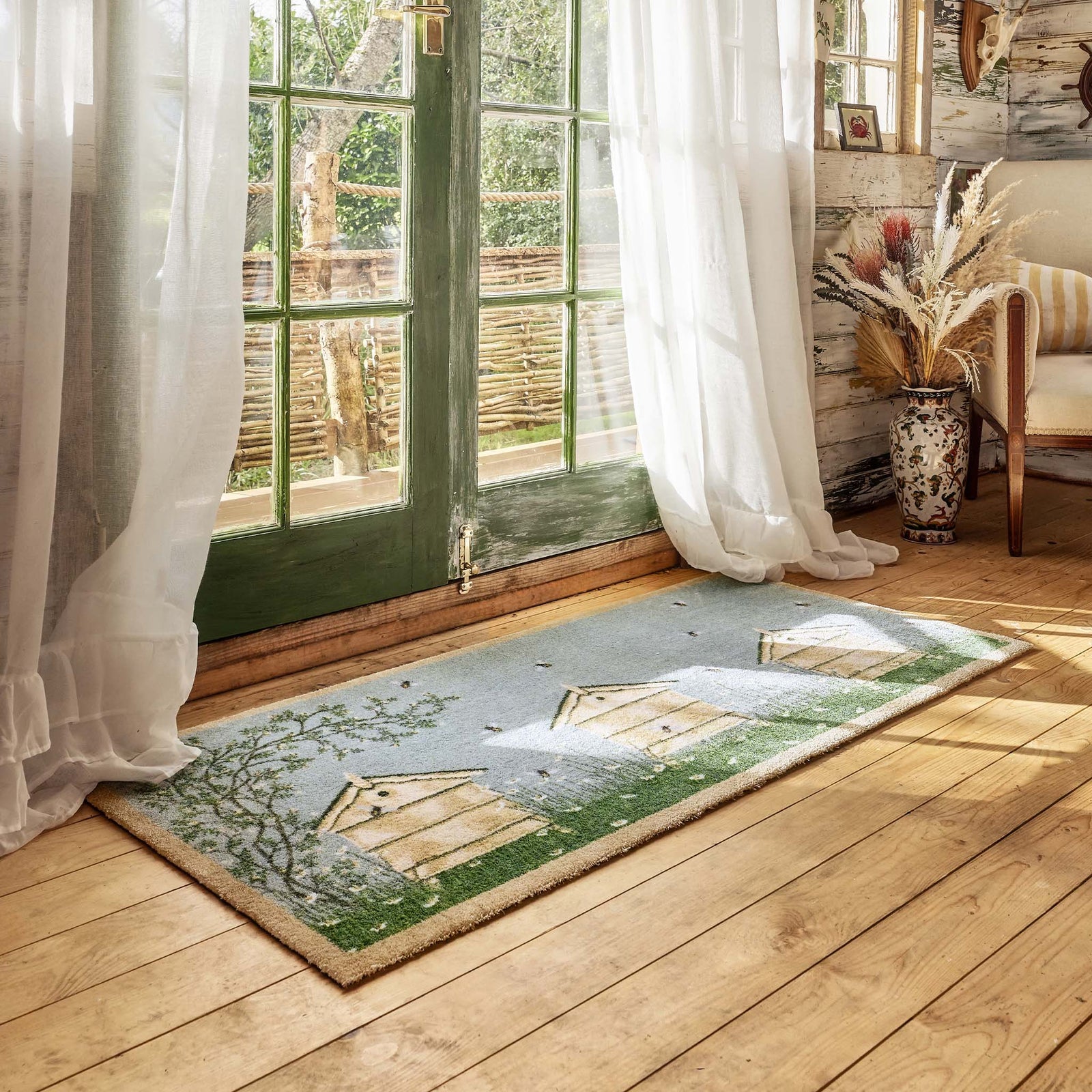 Bee Hive Washable Runner- made from eco-friendly materials featuring beehives.