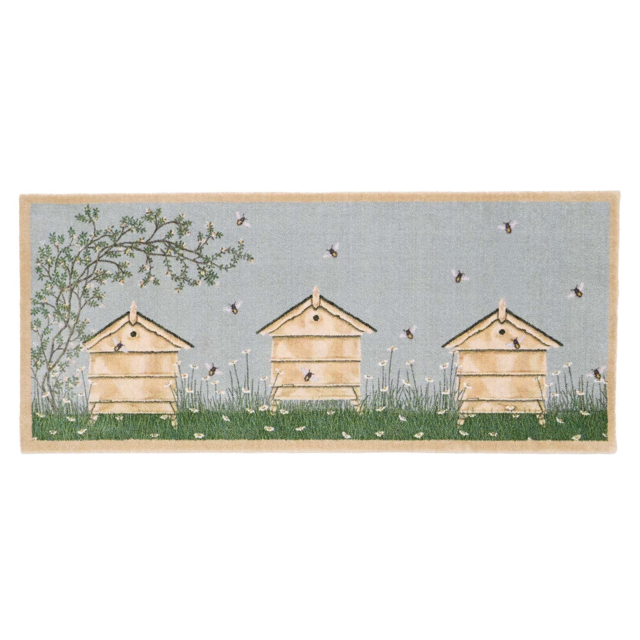 Bee Hive Washable Runner- made from eco-friendly materials featuring beehives. 