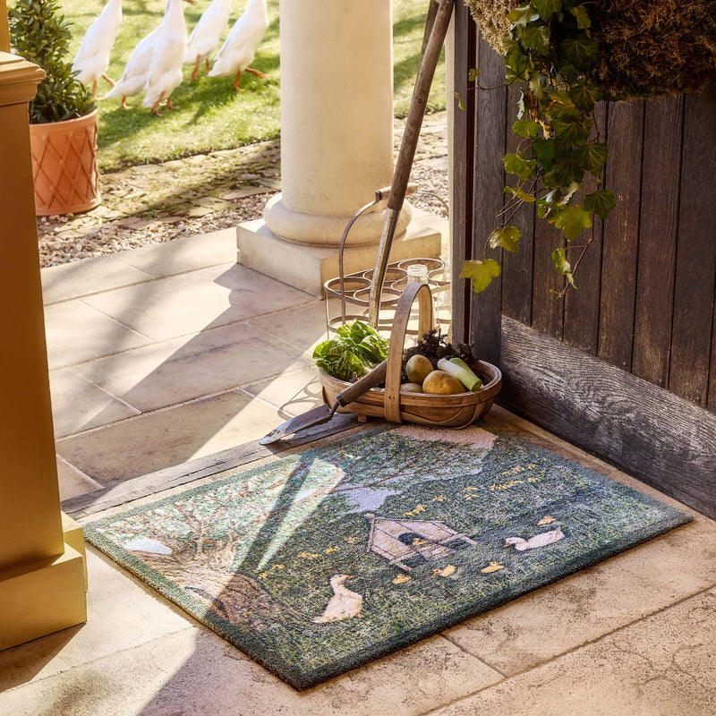 Duck House Washable Doormat- made from eco-friendly materials featuring a duck house. 