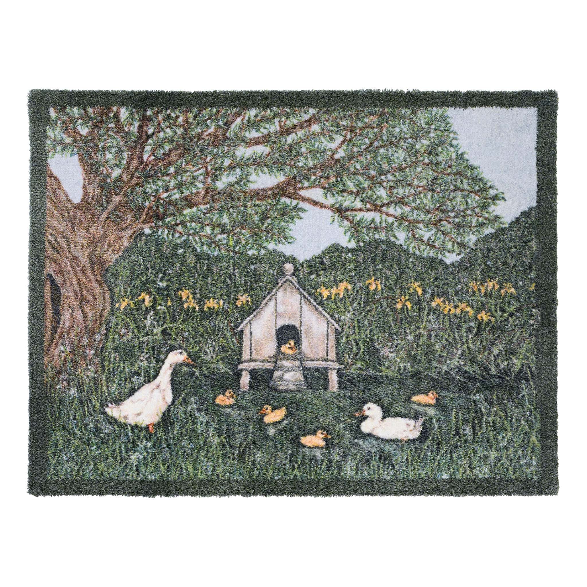 Duck House Washable Doormat- made from eco-friendly materials featuring a duck house. 