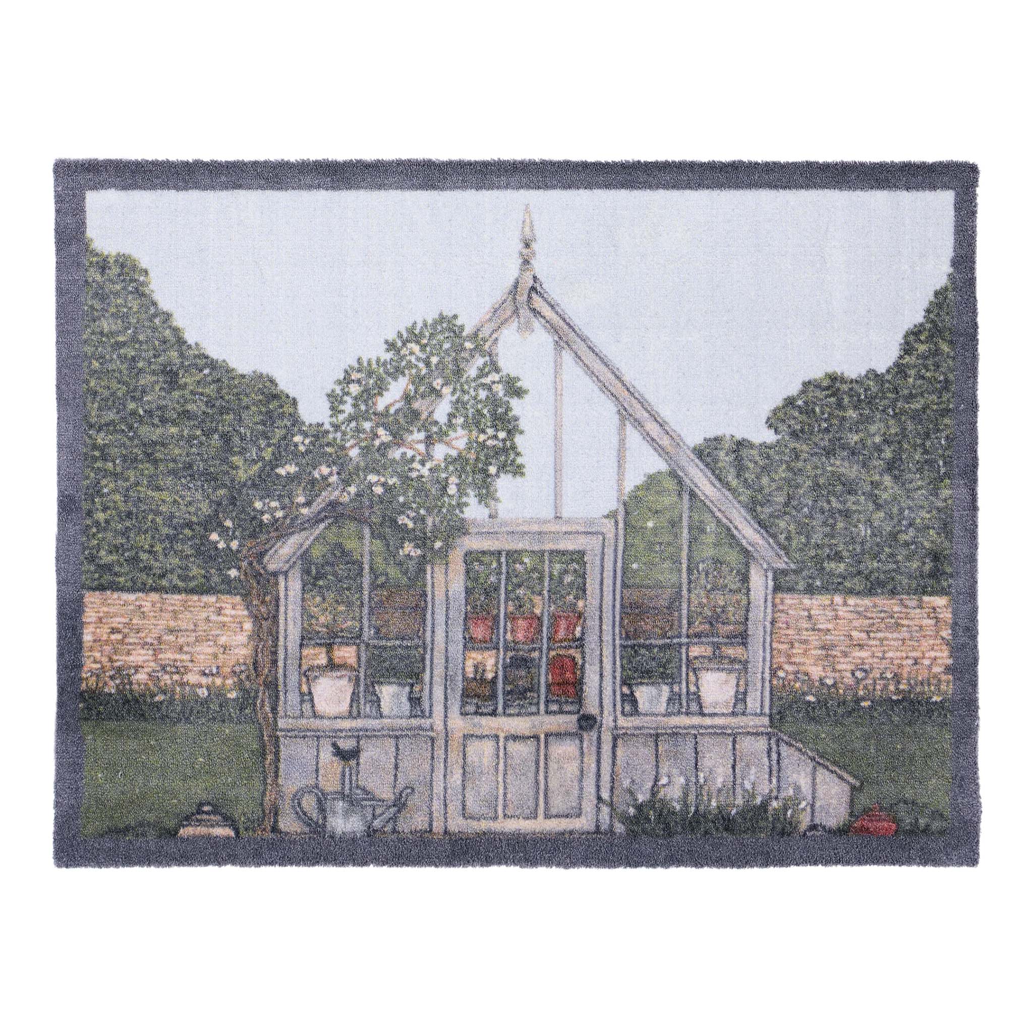 Green House Washable Doormat- made from eco-friendly materials featuring a greenhouse. 