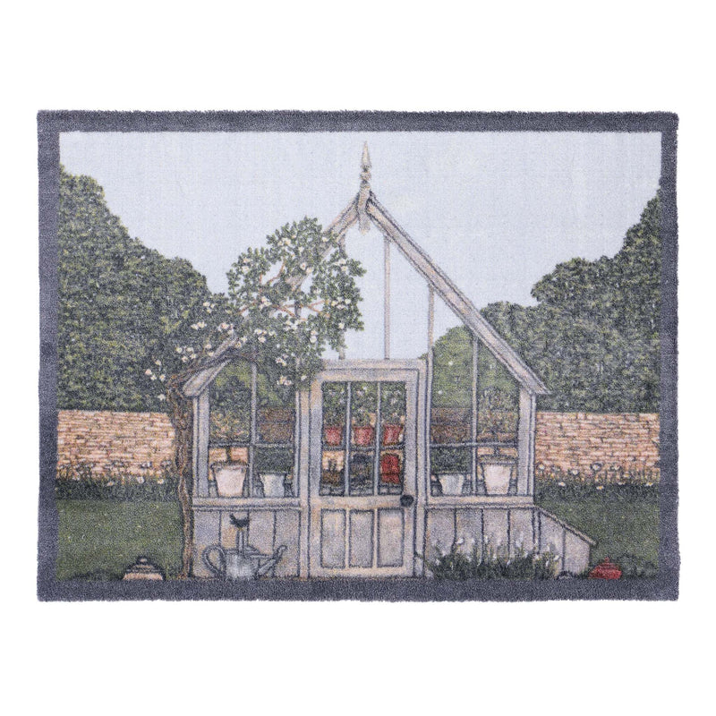 Green House Washable Doormat- made from eco-friendly materials featuring a greenhouse. 