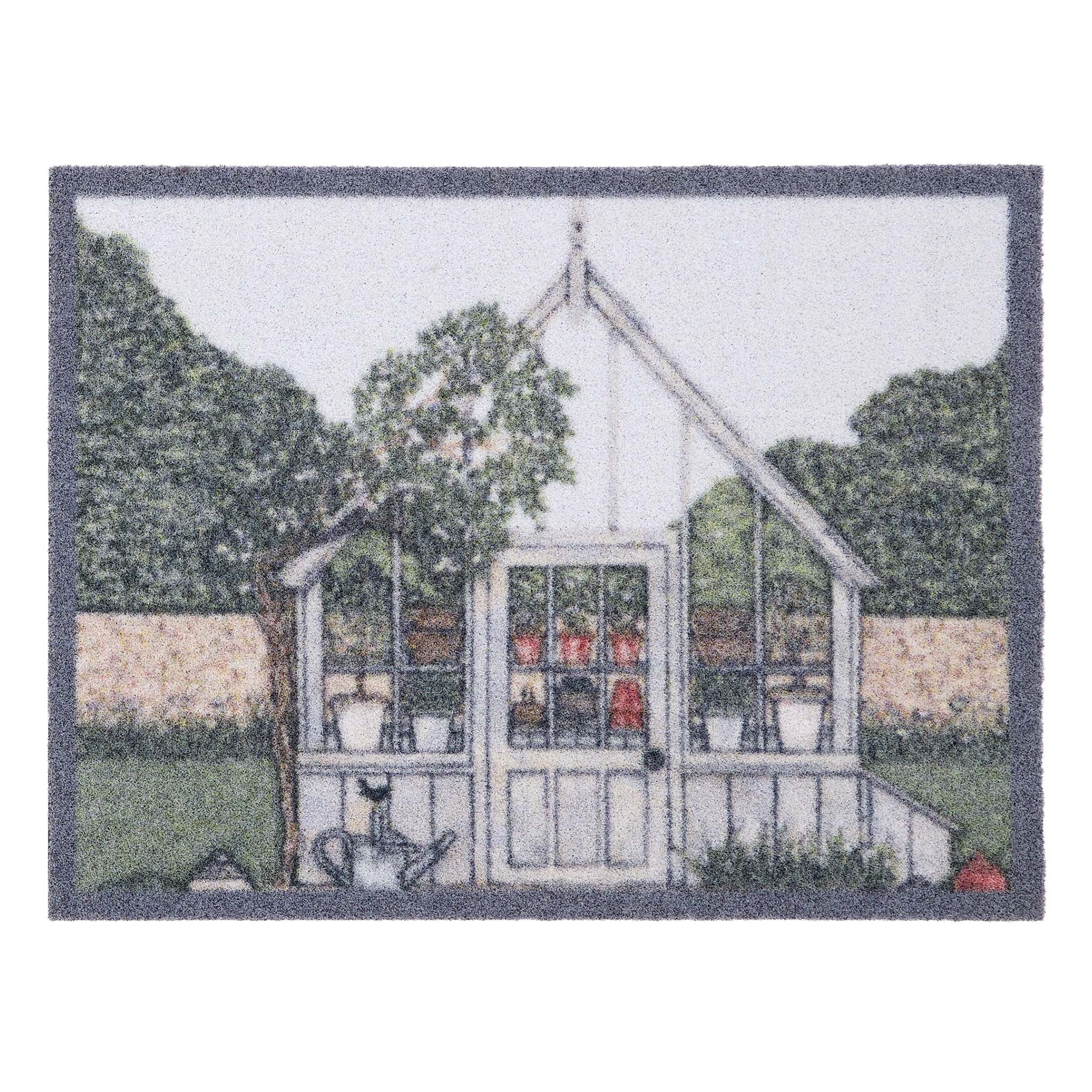 Green House Outdoor Doormat- made from recycled materials featuring a greenhouse. 