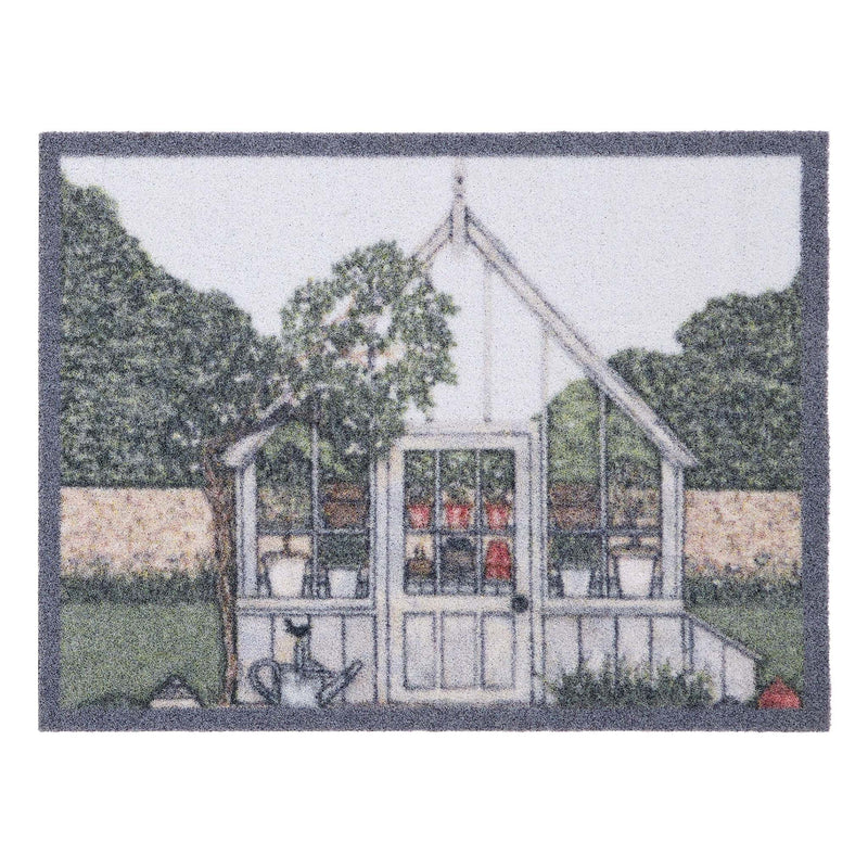 Green House Outdoor Doormat- made from recycled materials featuring a greenhouse. 