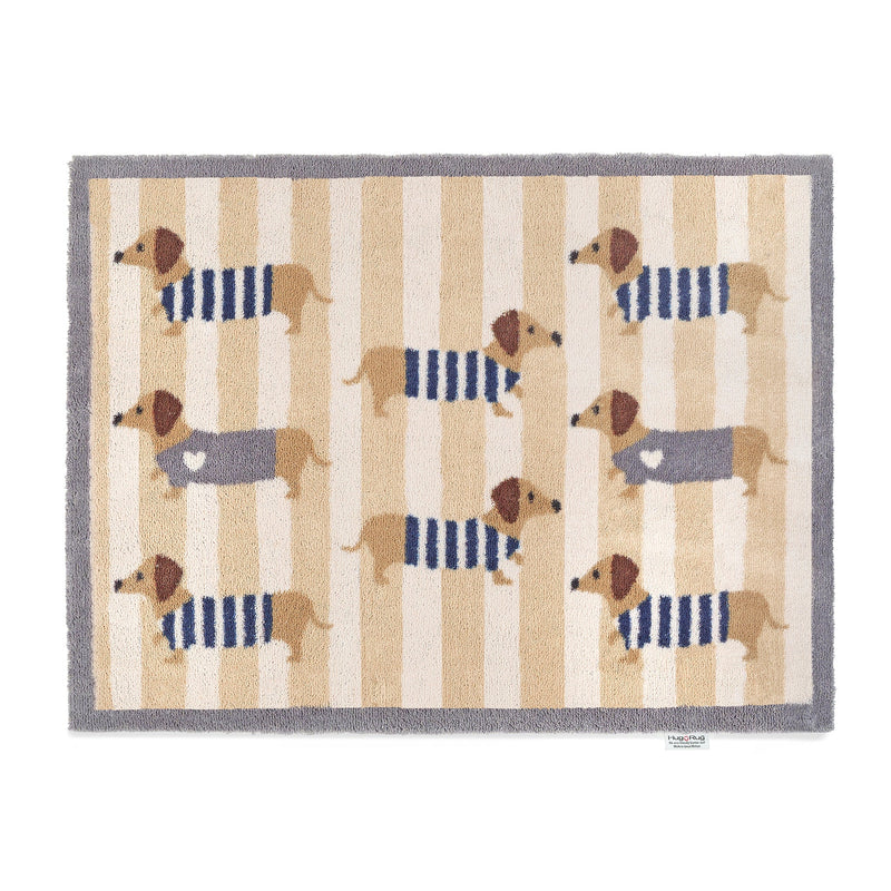 Hug Rug Beige Sausage Chic Washable Doormat made from 100% recycled cotton, featuring sausage dogs in jumpers.