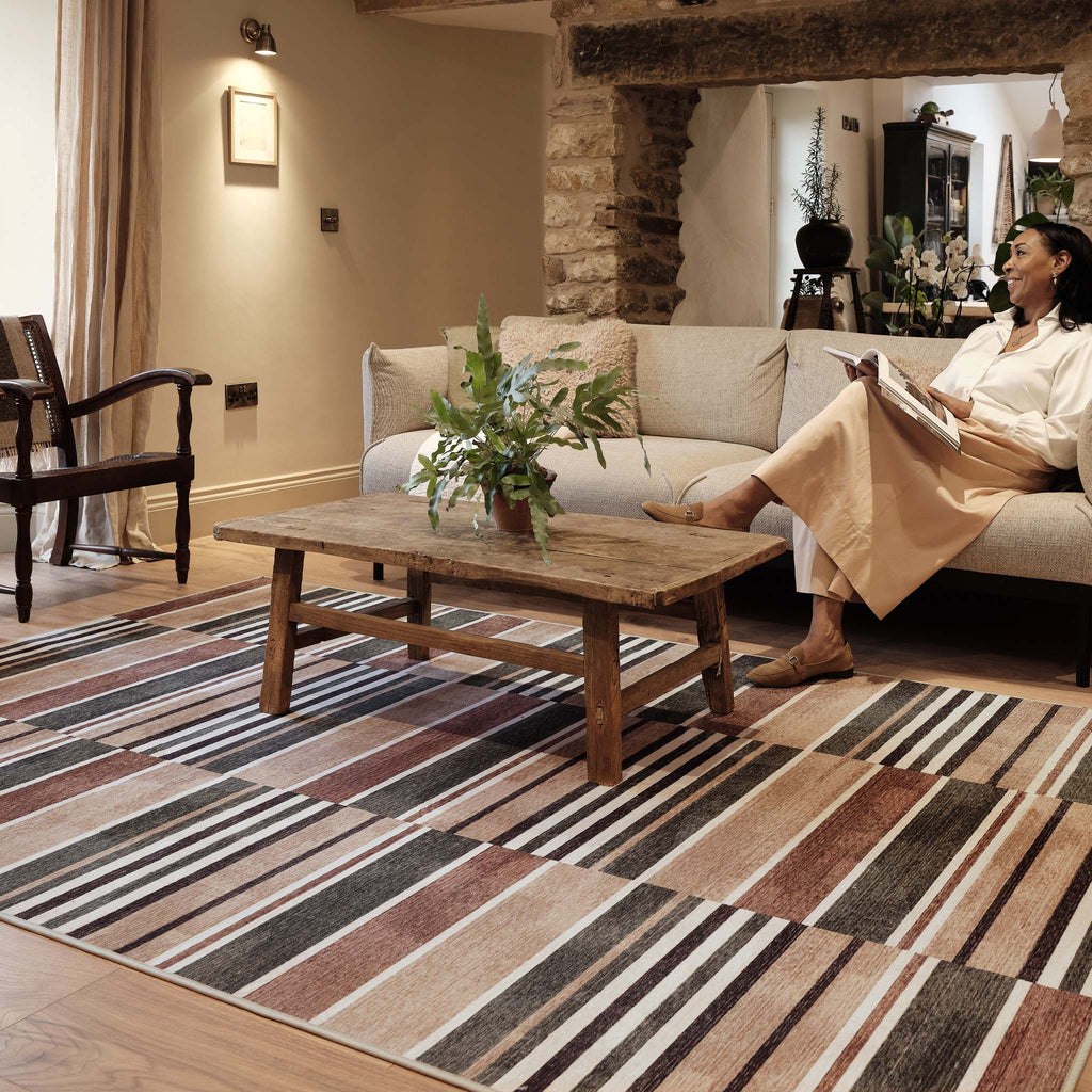 Savannah Stripe Natural Eco-Washable Rug- 100% recycled content rug featuring a geometric pattern.