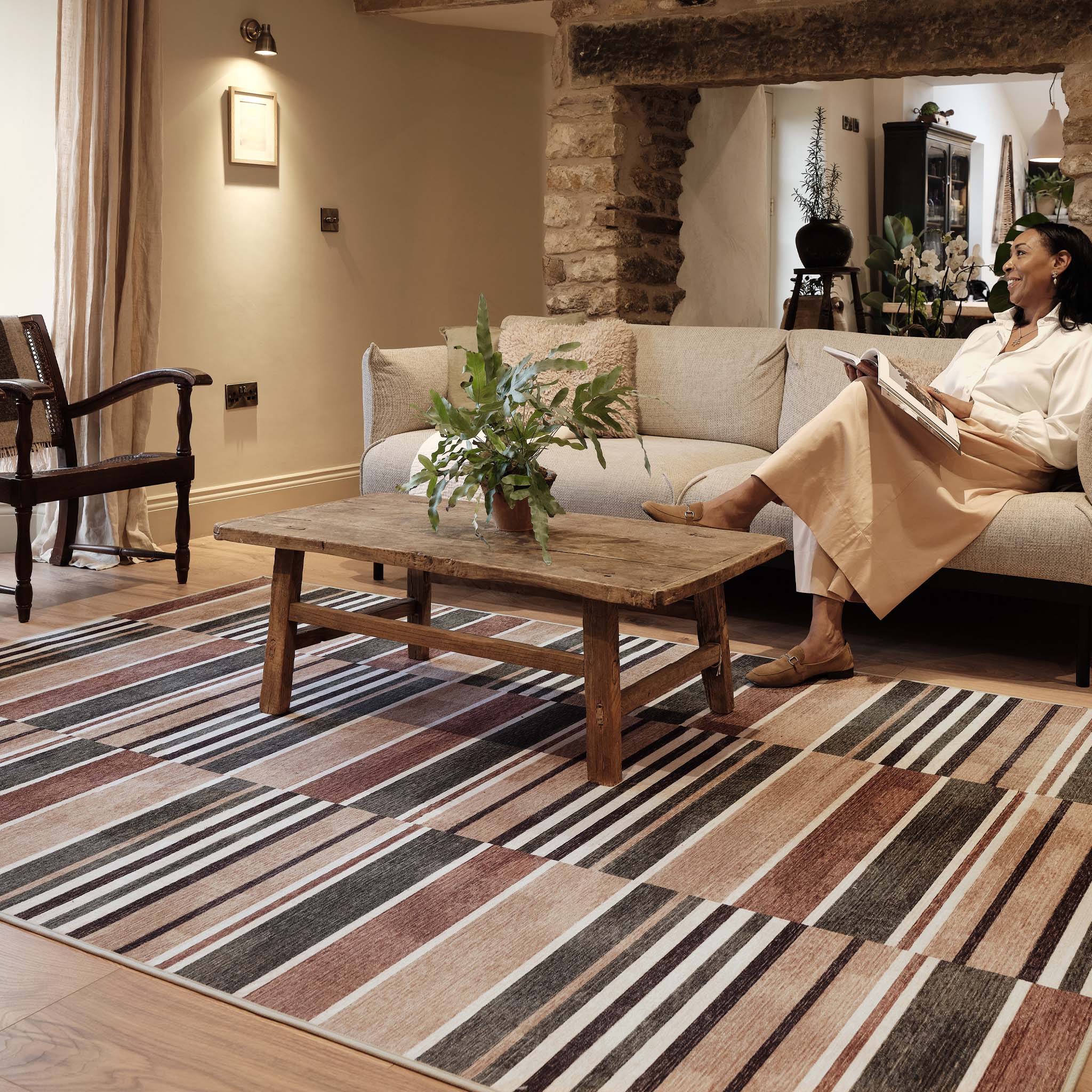 Savannah Stripe Natural Eco-Washable Rug- 100% recycled content rug featuring a geometric pattern.
