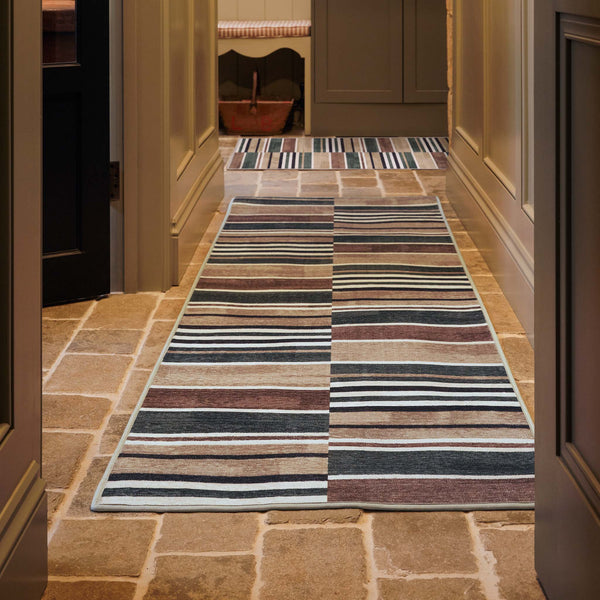 Savanna Stripe Natural Eco-Washable Rug Runner- 100% recycled content runner featuring a geometric pattern.