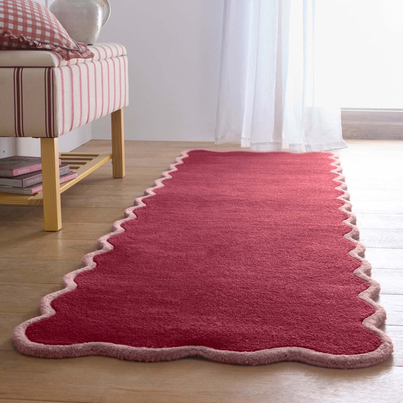 Scalloped Elise Coral Runner - 100% wool runner in dark pink with a lighter pink scalloped border. 