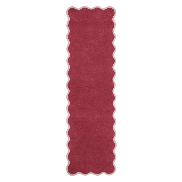 Scalloped Elise Coral/Lilac Runner Rug- 100% wool runner in a dark pink featuring a wavy border.